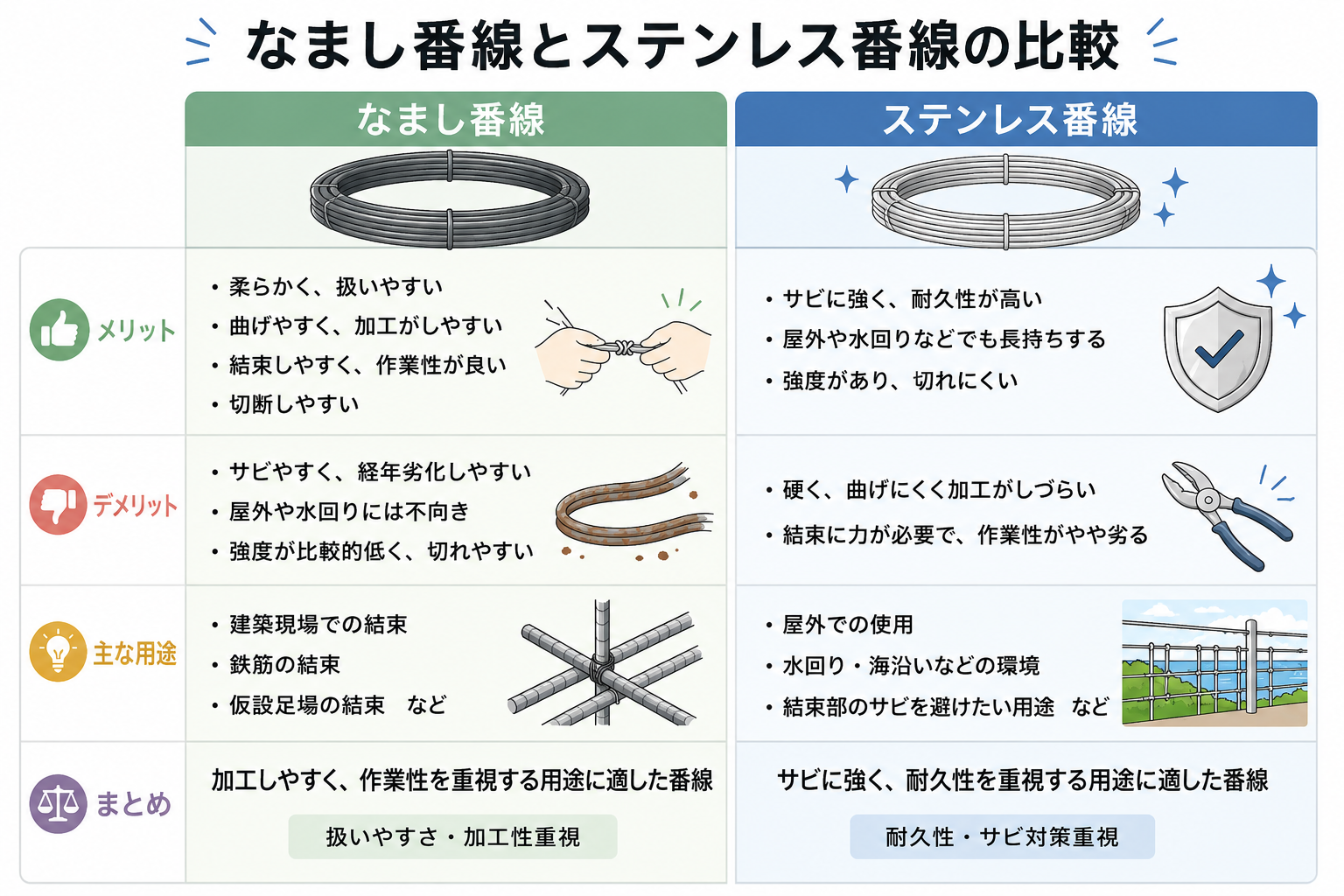 なまし番線とステンレス番線の比較