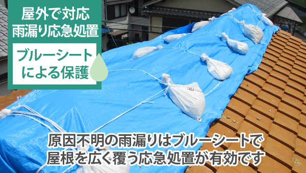 原因不明の雨漏りはブルーシートで屋根を広く覆う応急処置が有効です